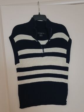 French Connection Navy & White Striped Half-Zip Knit Top